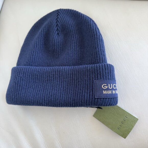 New Authentic Gucci Knit Wool Hat Beanie With Patch Navy Blue Size L Large - Picture 2 of 6